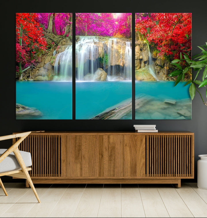 Wonderful Waterfall Landscape with Colorful Flowers in Forest Wall Art Canvas Print