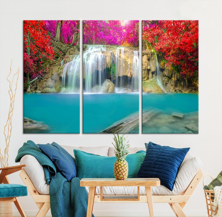 Wonderful Waterfall Landscape with Colorful Flowers in Forest Wall Art Canvas Print