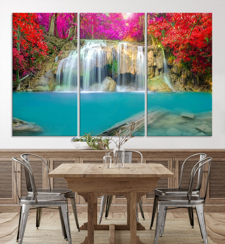 Wonderful Waterfall Landscape with Colorful Flowers in Forest Wall Art Canvas Print