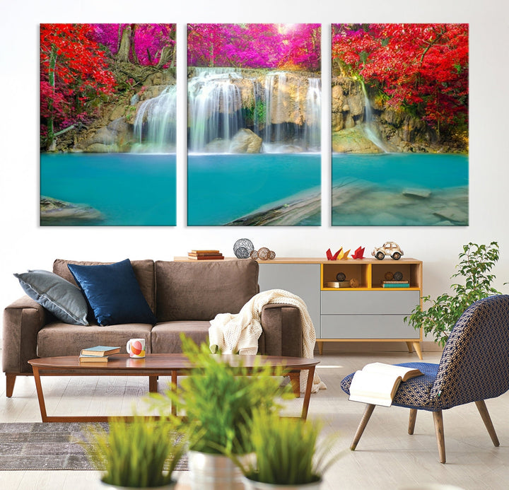 Wonderful Waterfall Landscape with Colorful Flowers in Forest Wall Art Canvas Print