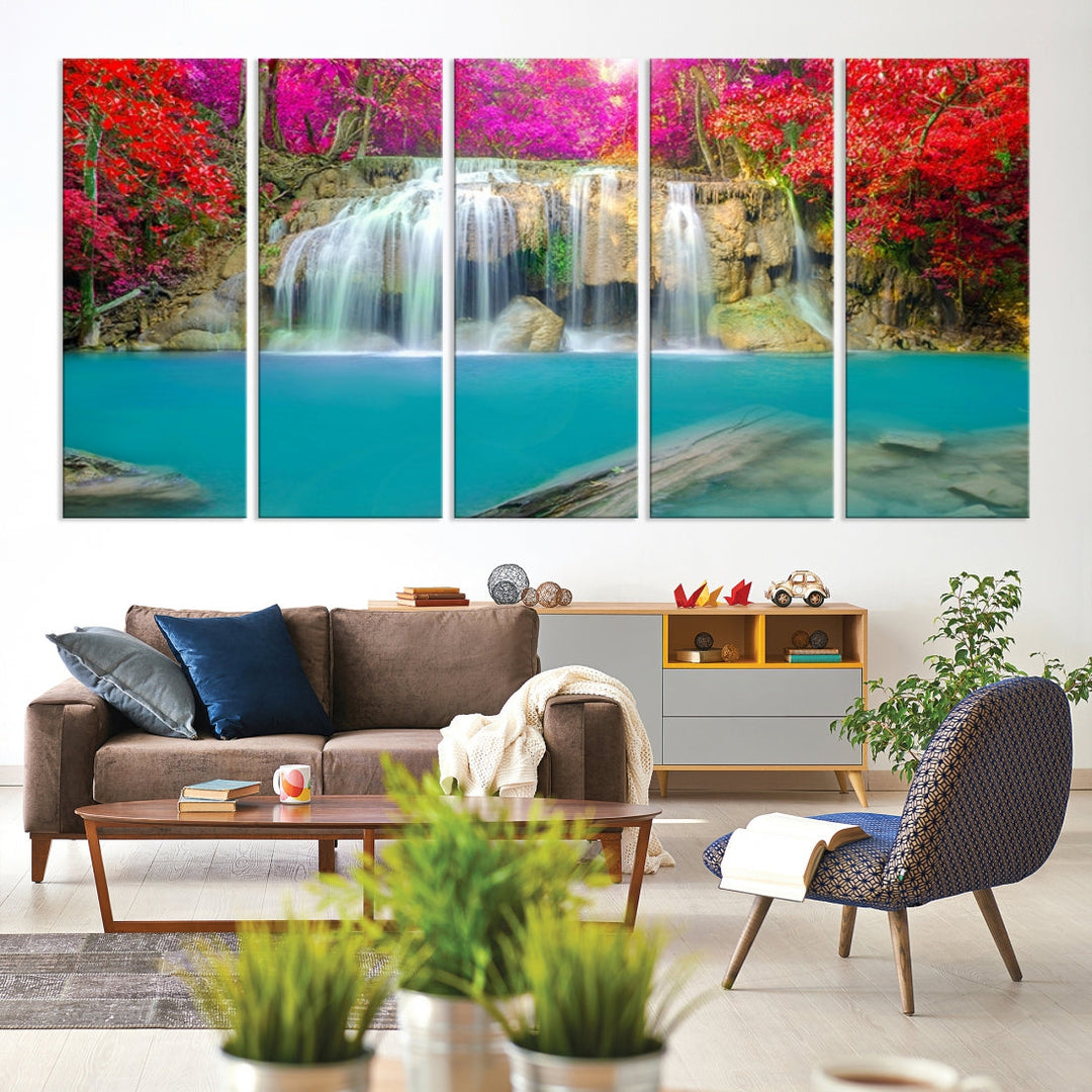 Wonderful Waterfall Landscape with Colorful Flowers in Forest Wall Art Canvas Print