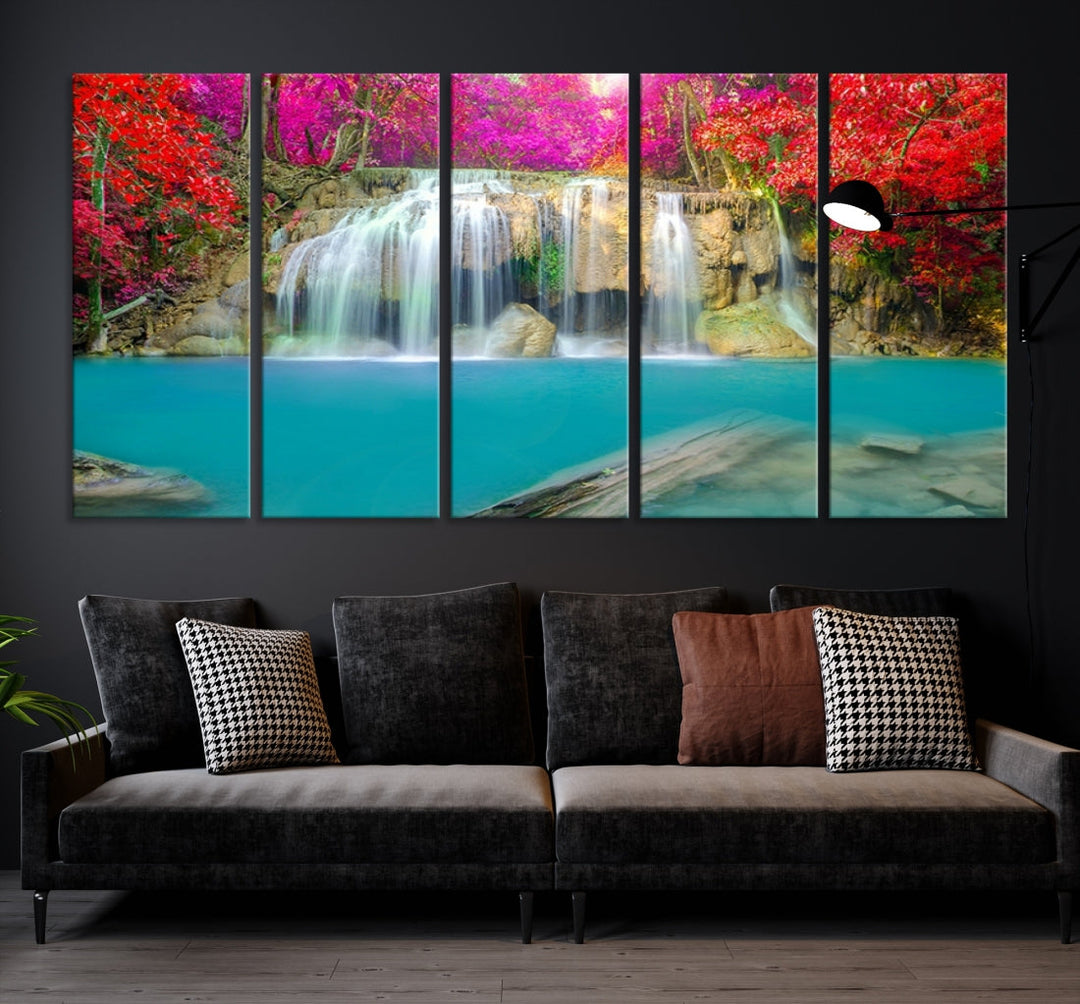 Wonderful Waterfall Landscape with Colorful Flowers in Forest Wall Art Canvas Print