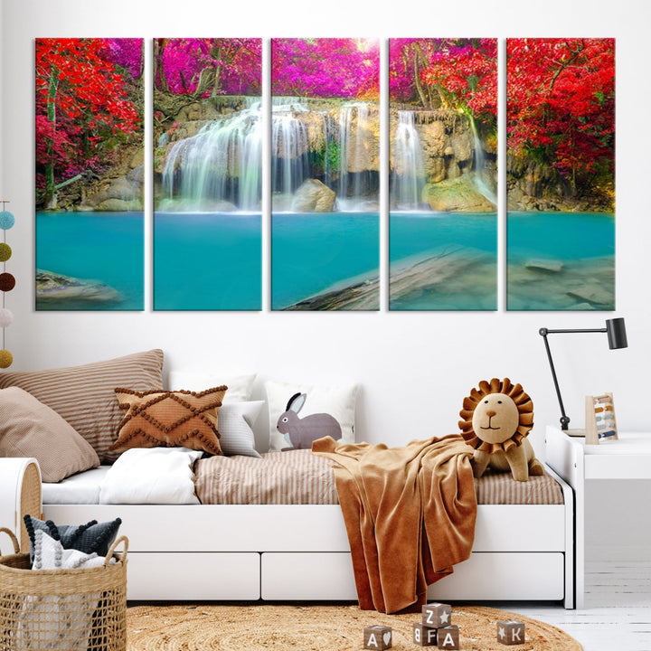 Wonderful Waterfall Landscape with Colorful Flowers in Forest Wall Art Canvas Print