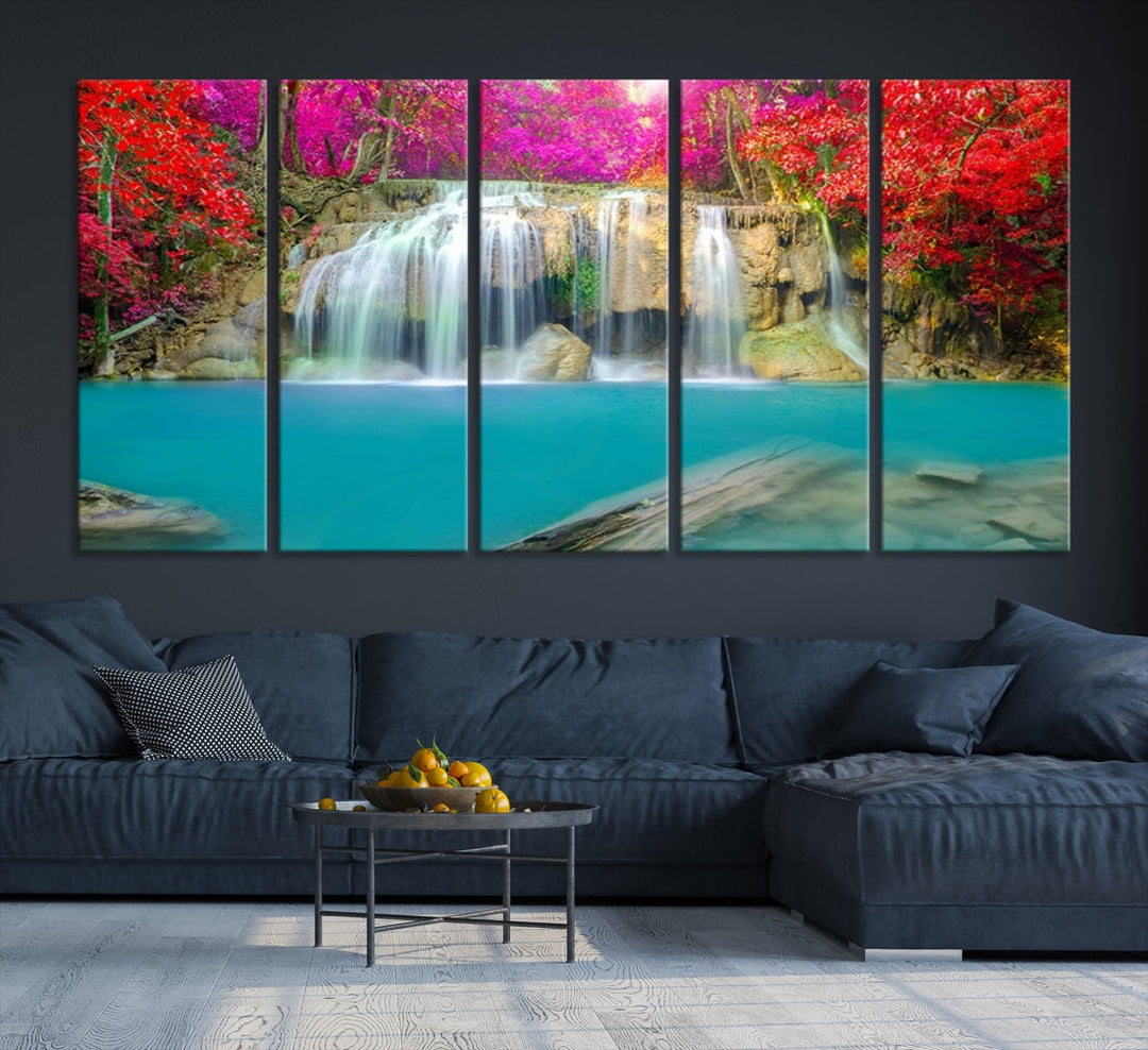 Wonderful Waterfall Landscape with Colorful Flowers in Forest Wall Art Canvas Print