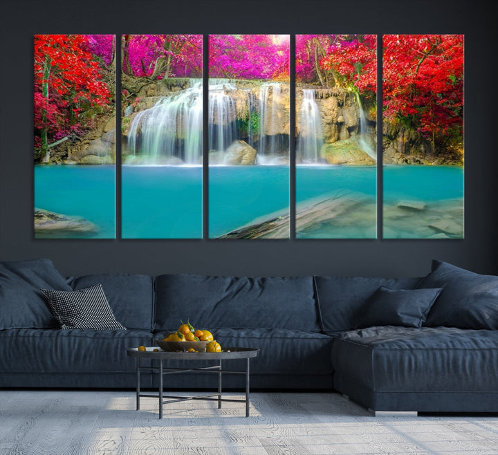 Wonderful Waterfall Landscape with Colorful Flowers in Forest Wall Art Canvas Print