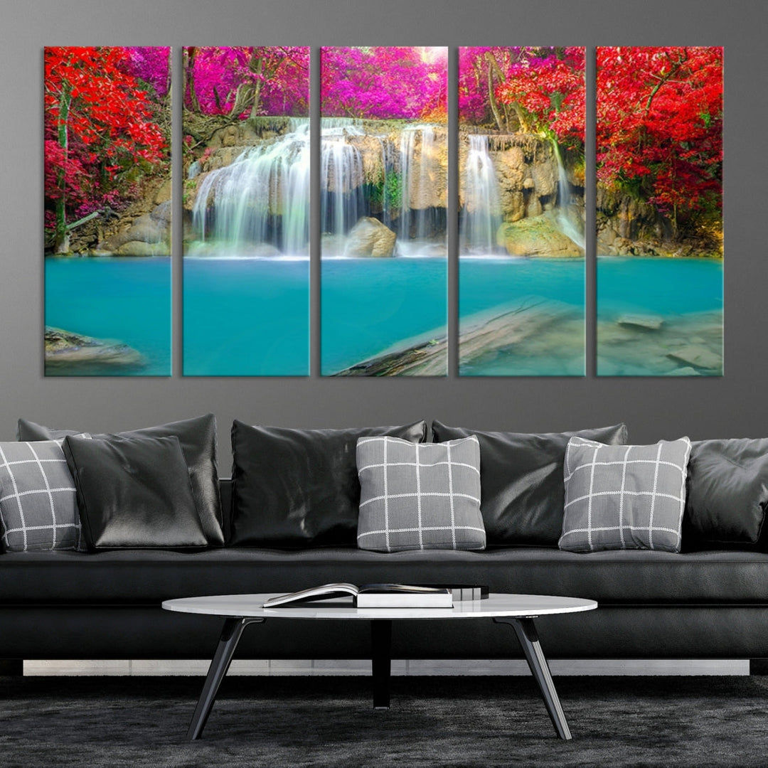 Wonderful Waterfall Landscape with Colorful Flowers in Forest Wall Art Canvas Print