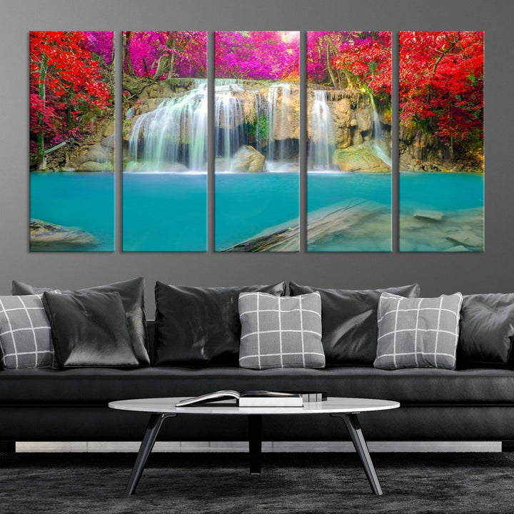 Wonderful Waterfall Landscape with Colorful Flowers in Forest Wall Art Canvas Print