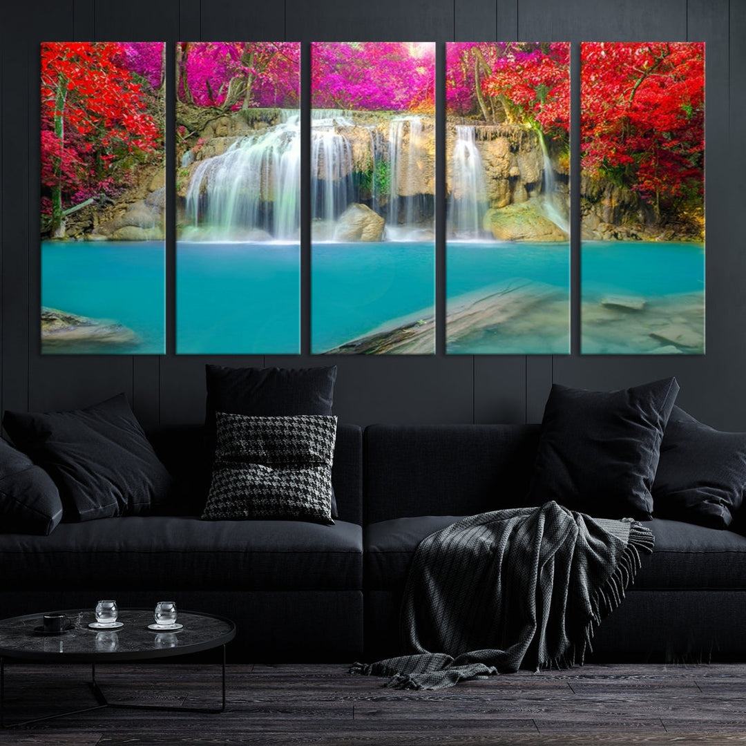 Wonderful Waterfall Landscape with Colorful Flowers in Forest Wall Art Canvas Print