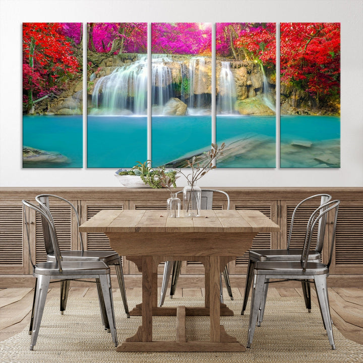 Wonderful Waterfall Landscape with Colorful Flowers in Forest Wall Art Canvas Print