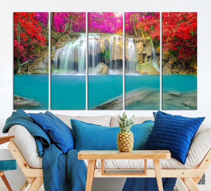 Wonderful Waterfall Landscape with Colorful Flowers in Forest Wall Art Canvas Print