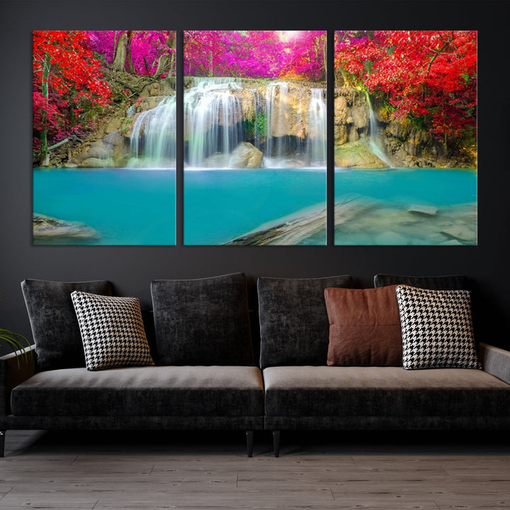 Wonderful Waterfall Landscape with Colorful Flowers in Forest Wall Art Canvas Print