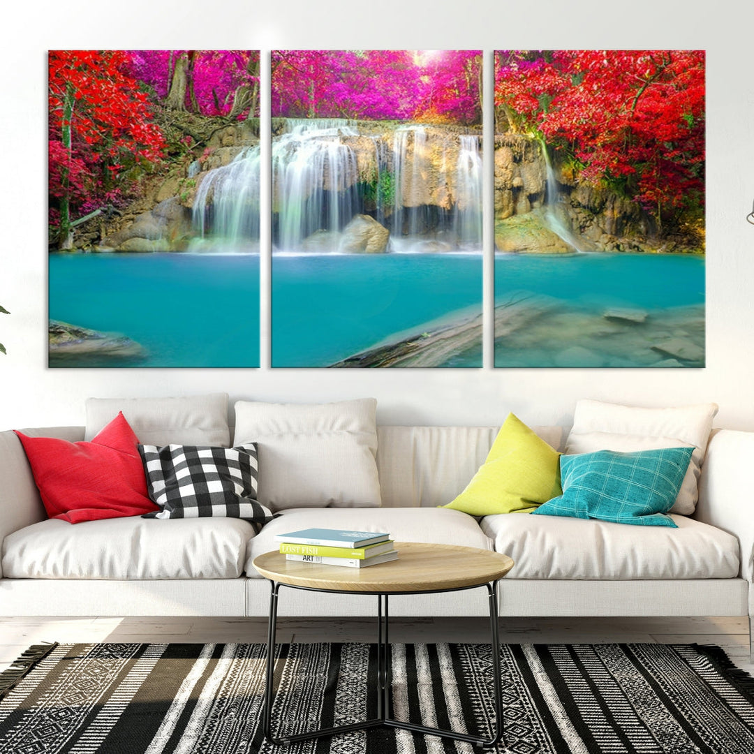 Wonderful Waterfall Landscape with Colorful Flowers in Forest Wall Art Canvas Print