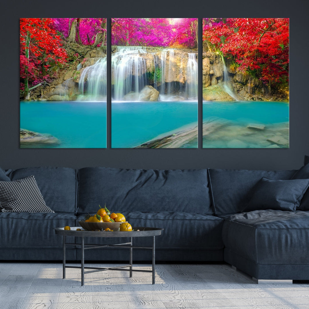 Wonderful Waterfall Landscape with Colorful Flowers in Forest Wall Art Canvas Print