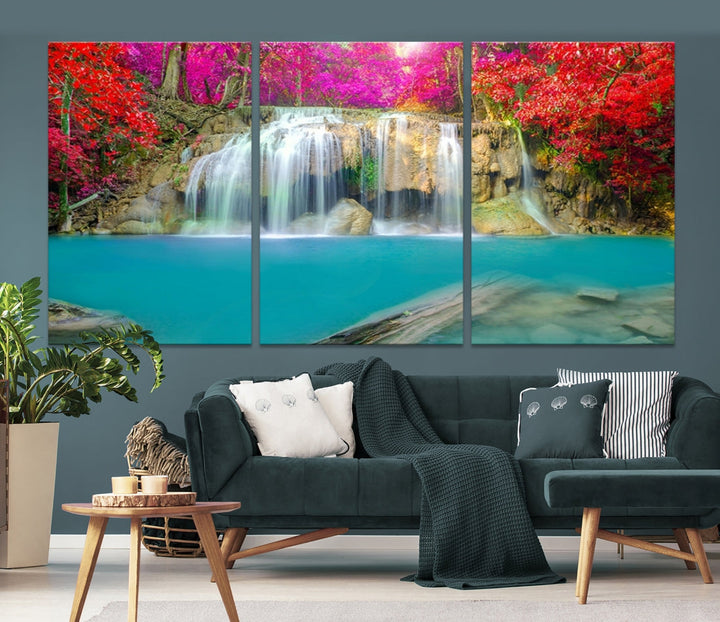 Wonderful Waterfall Landscape with Colorful Flowers in Forest Wall Art Canvas Print