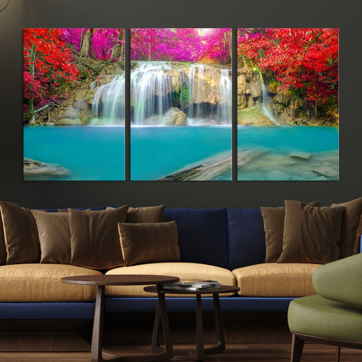 Wonderful Waterfall Landscape with Colorful Flowers in Forest Wall Art Canvas Print