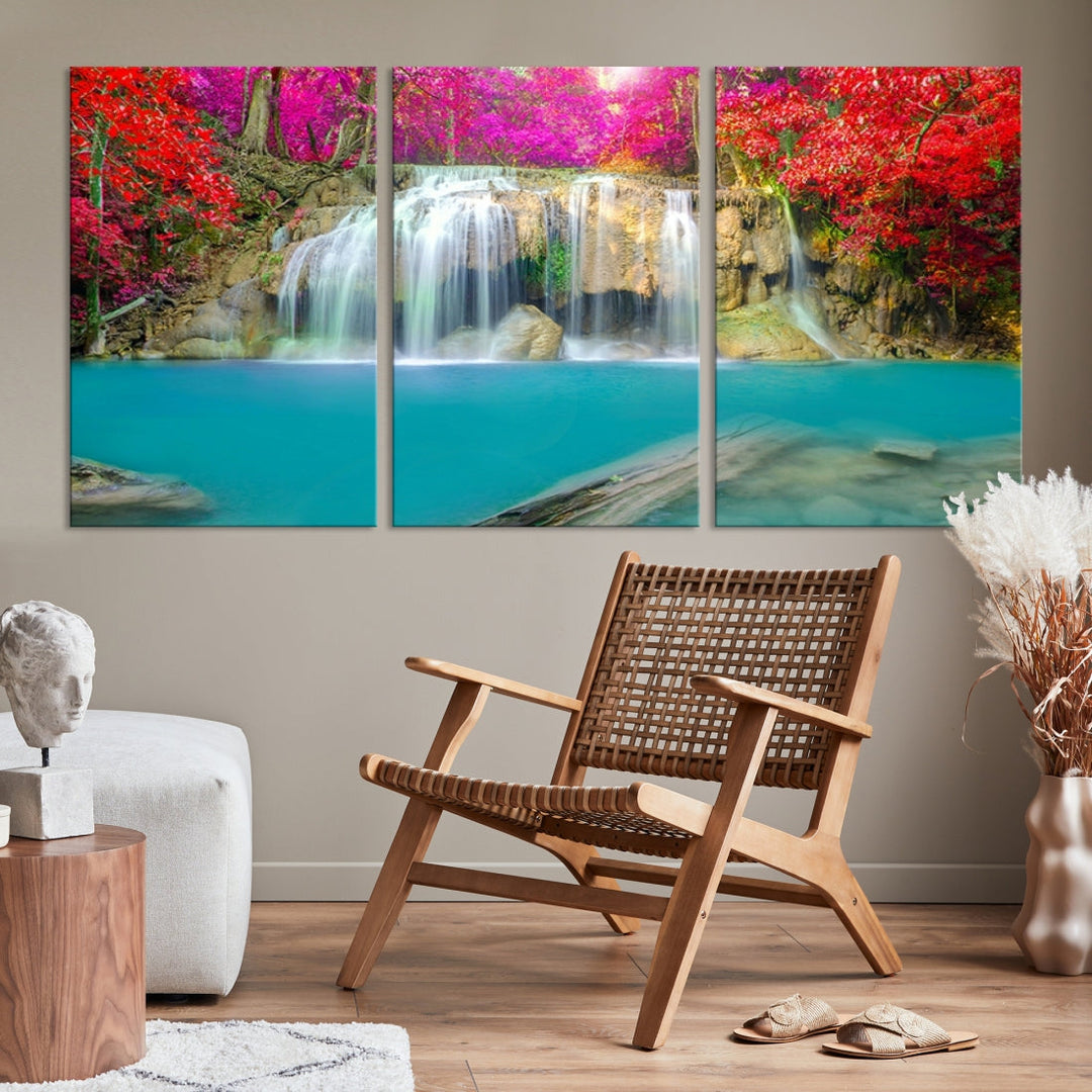 Wonderful Waterfall Landscape with Colorful Flowers in Forest Wall Art Canvas Print