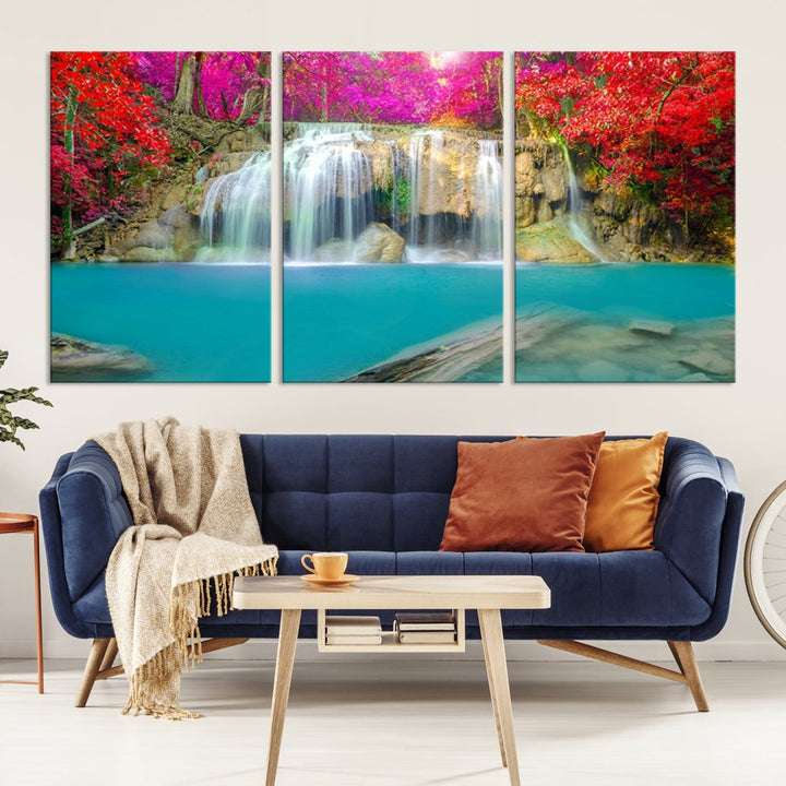 Wonderful Waterfall Landscape with Colorful Flowers in Forest Wall Art Canvas Print