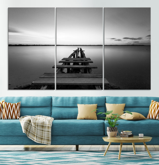 Wood Pier and Sea Black and White Landscape Large Wall Art Canvas Print