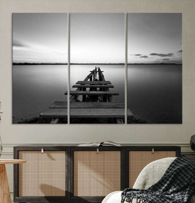 Wood Pier and Sea Black and White Landscape Large Wall Art Canvas Print