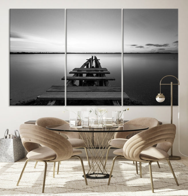 Wood Pier and Sea Black and White Landscape Large Wall Art Canvas Print