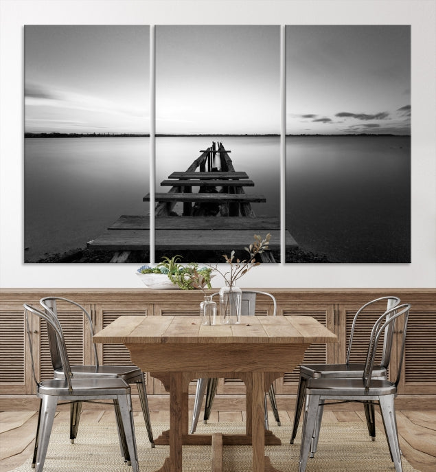 Wood Pier and Sea Black and White Landscape Large Wall Art Canvas Print