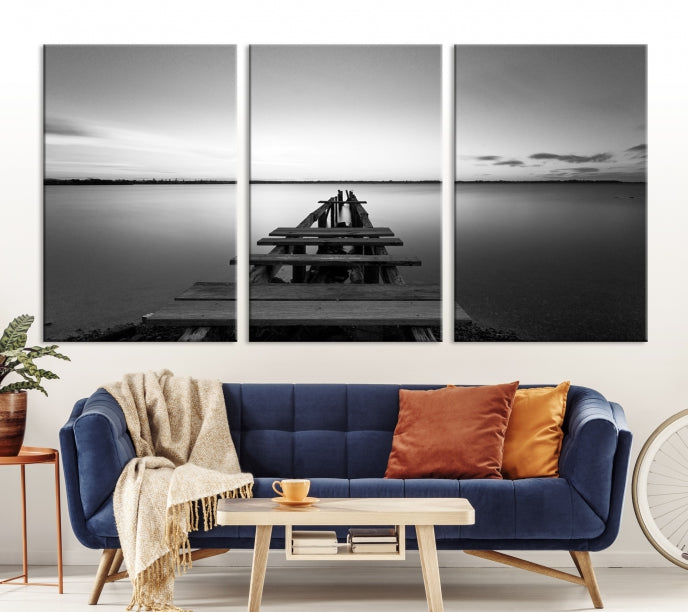 Wood Pier and Sea Black and White Landscape Large Wall Art Canvas Print