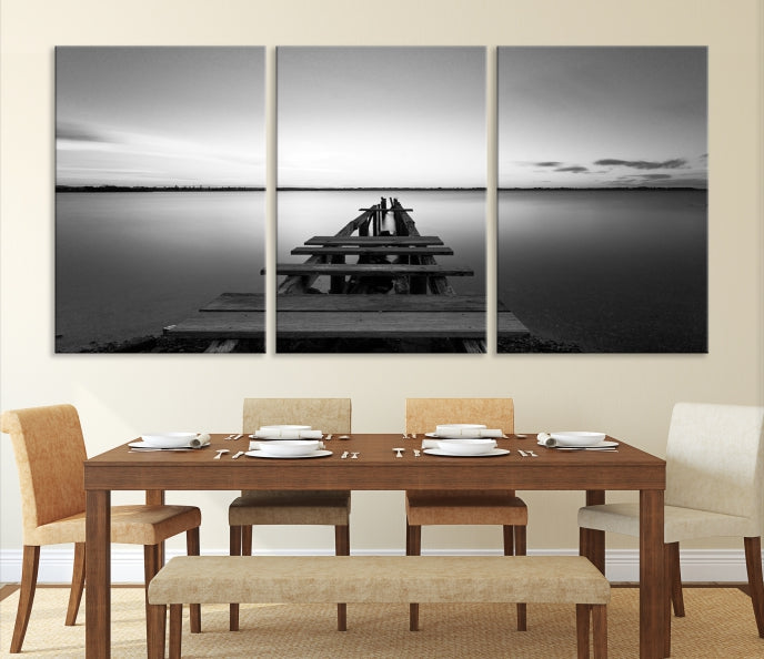 Wood Pier and Sea Black and White Landscape Large Wall Art Canvas Print