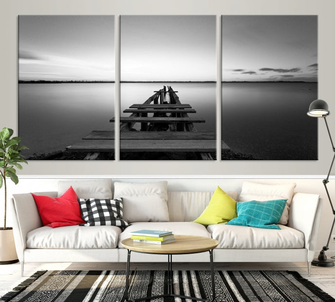 Wood Pier and Sea Black and White Landscape Large Wall Art Canvas Print