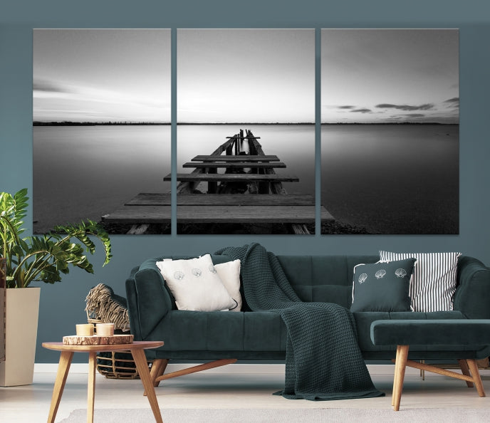 Wood Pier and Sea Black and White Landscape Large Wall Art Canvas Print