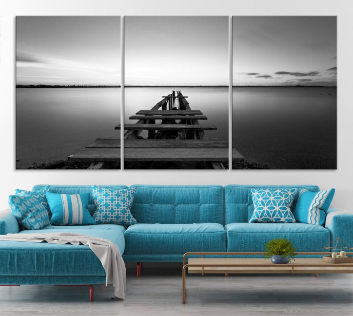 Wood Pier and Sea Black and White Landscape Large Wall Art Canvas Print