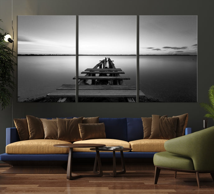 Wood Pier and Sea Black and White Landscape Large Wall Art Canvas Print