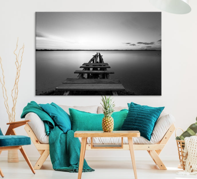 Wood Pier and Sea Black and White Landscape Large Wall Art Canvas Print