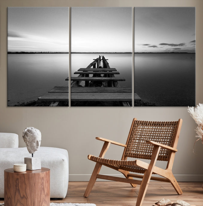 Wood Pier and Sea Black and White Landscape Large Wall Art Canvas Print