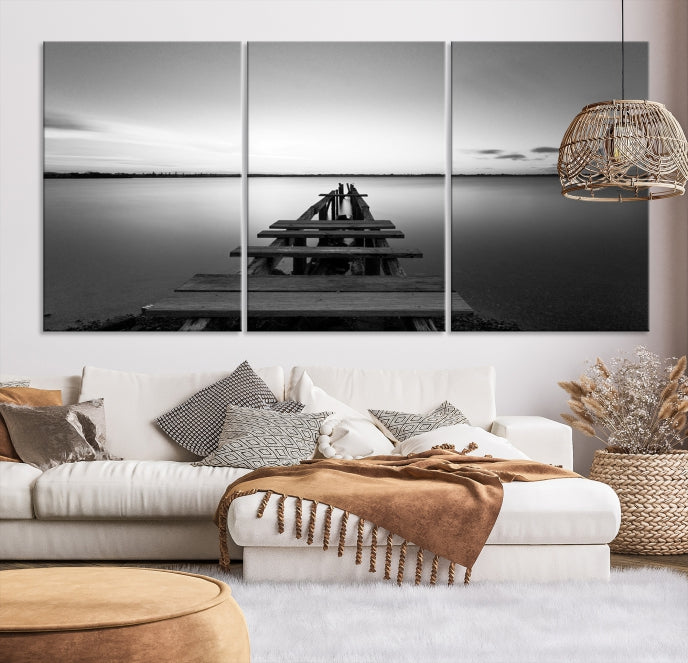 Wood Pier and Sea Black and White Landscape Large Wall Art Canvas Print