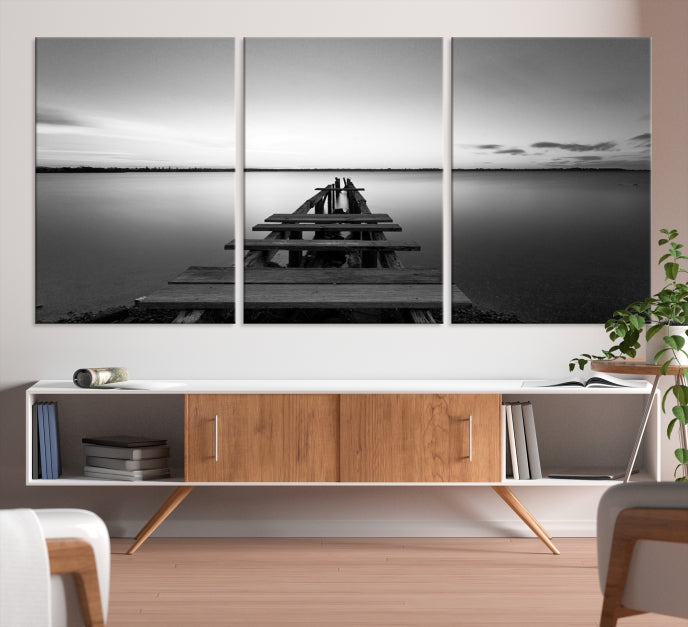 Wood Pier and Sea Black and White Landscape Large Wall Art Canvas Print