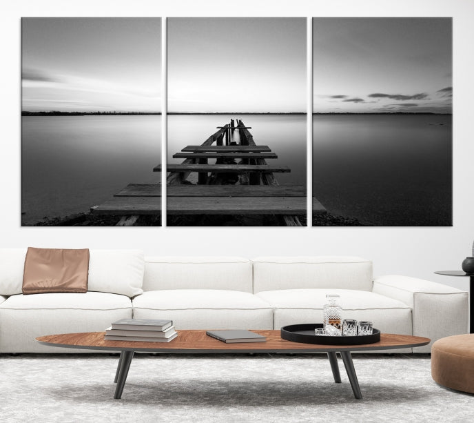 Wood Pier and Sea Black and White Landscape Large Wall Art Canvas Print