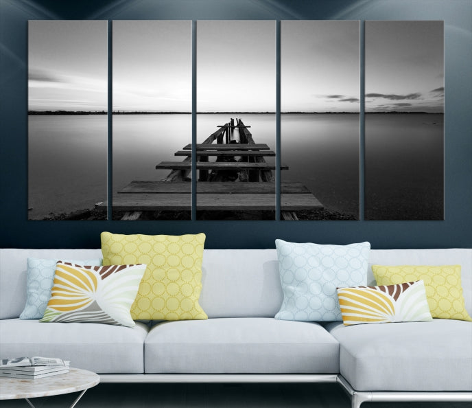 Wood Pier and Sea Black and White Landscape Large Wall Art Canvas Print