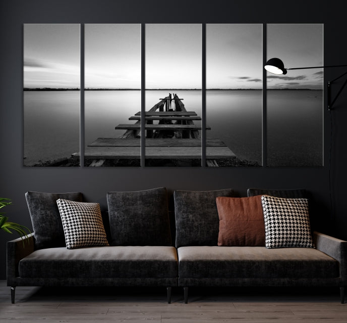 Wood Pier and Sea Black and White Landscape Large Wall Art Canvas Print