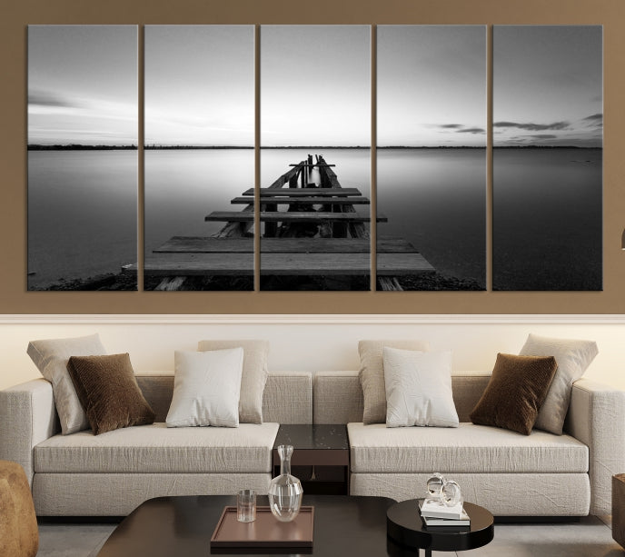 Wood Pier and Sea Black and White Landscape Large Wall Art Canvas Print