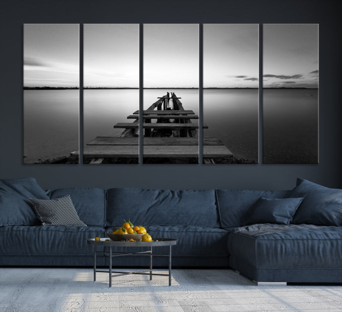 Wood Pier and Sea Black and White Landscape Large Wall Art Canvas Print