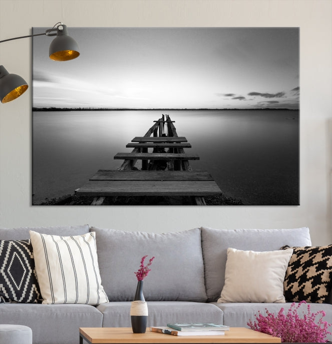 Wood Pier and Sea Black and White Landscape Large Wall Art Canvas Print