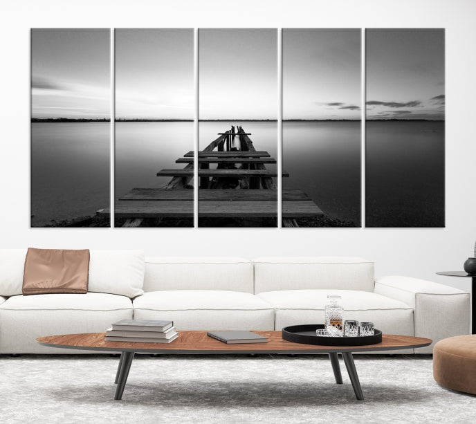 Wood Pier and Sea Black and White Landscape Large Wall Art Canvas Print