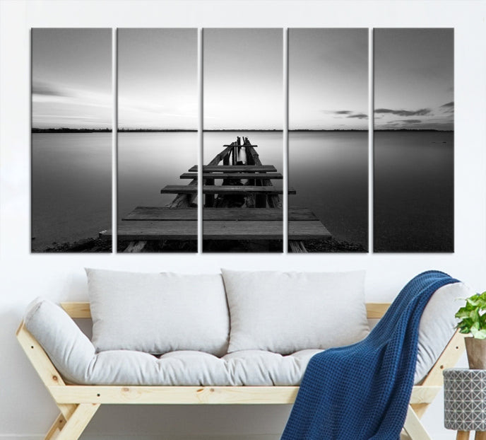 Wood Pier and Sea Black and White Landscape Large Wall Art Canvas Print