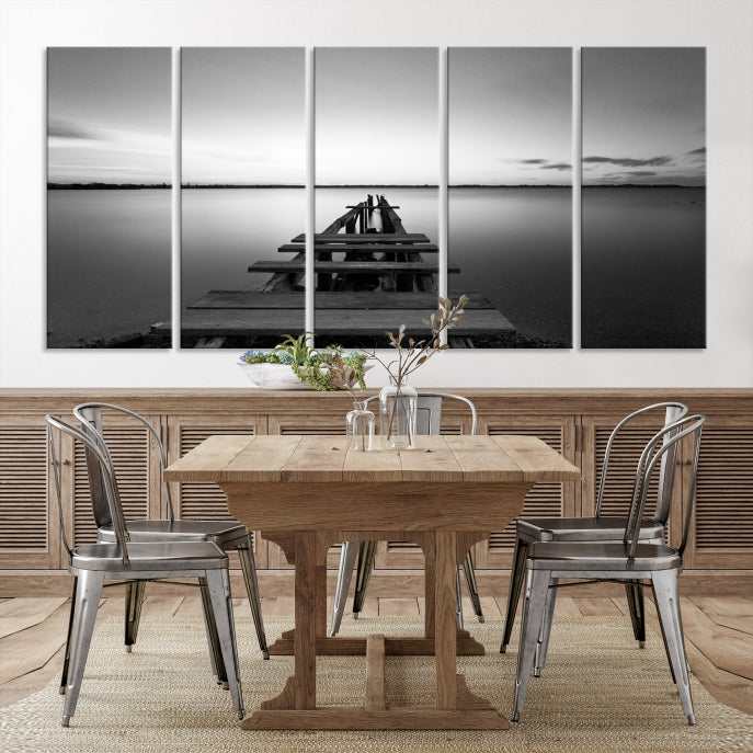 Wood Pier and Sea Black and White Landscape Large Wall Art Canvas Print