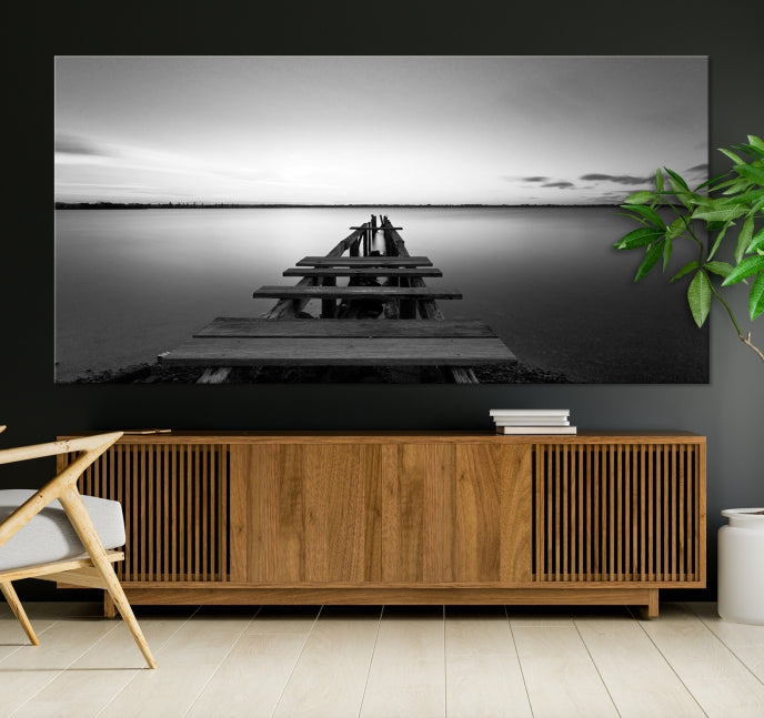 Wood Pier and Sea Black and White Landscape Large Wall Art Canvas Print