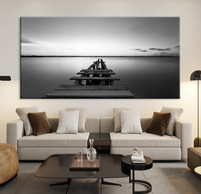 Wood Pier and Sea Black and White Landscape Large Wall Art Canvas Print