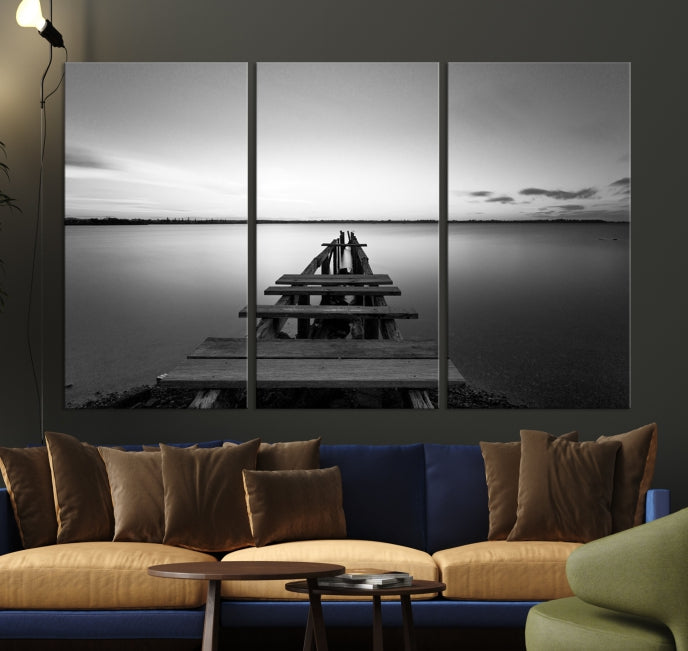 Wood Pier and Sea Black and White Landscape Large Wall Art Canvas Print