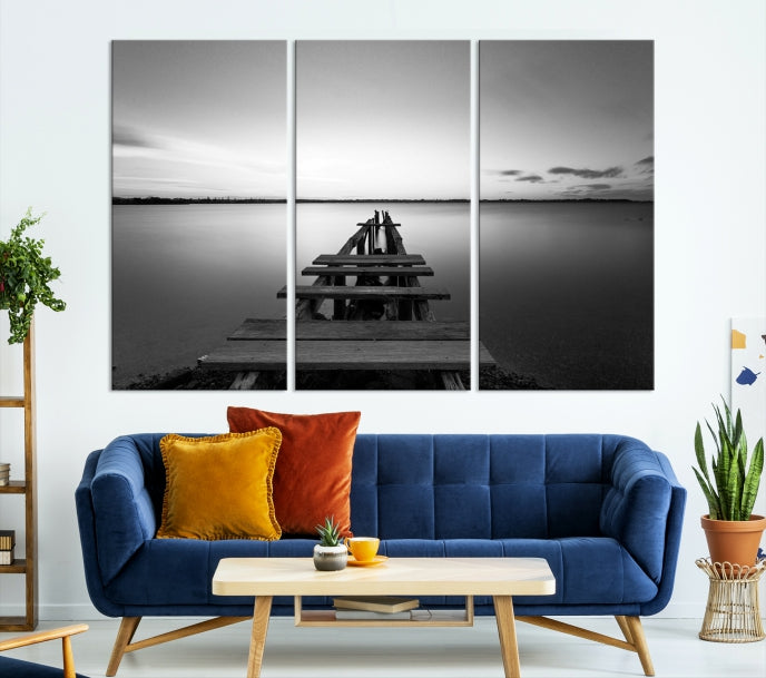 Wood Pier and Sea Black and White Landscape Large Wall Art Canvas Print