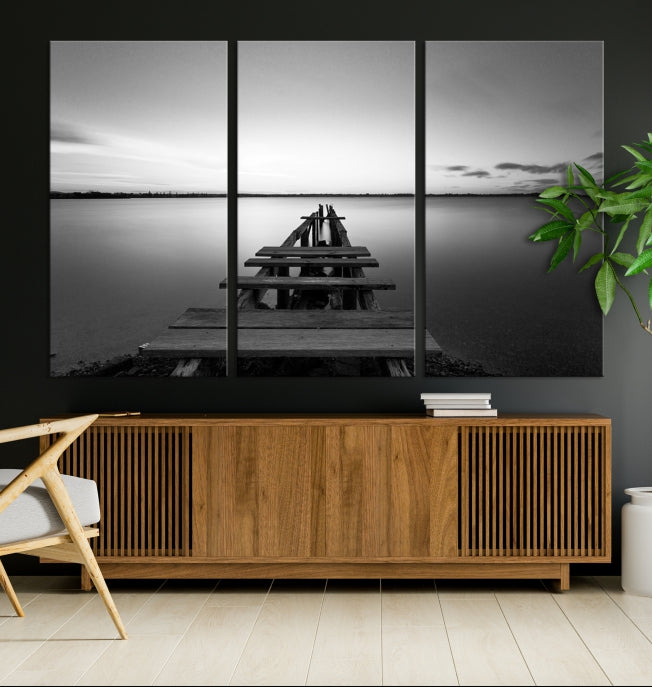 Wood Pier and Sea Black and White Landscape Large Wall Art Canvas Print