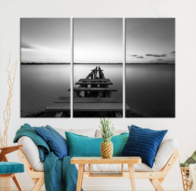 Wood Pier and Sea Black and White Landscape Large Wall Art Canvas Print